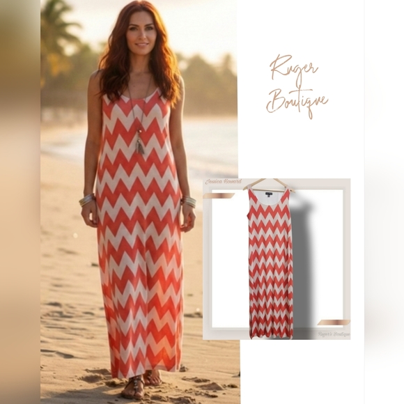 Jessica Howard Dresses & Skirts - 🌿Jessica Howard Women' Large Coral & Khaki Chevron Sleeveless Maxi Dress